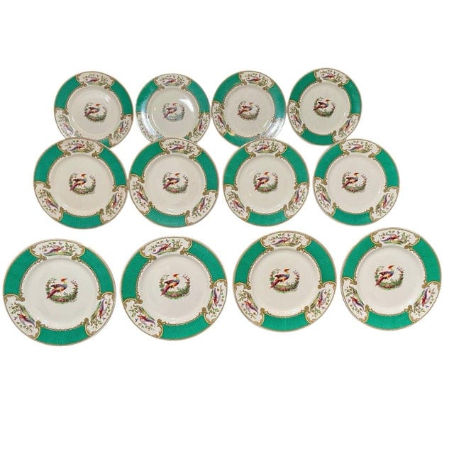 Early 20th Century Myott Staffordshire Green Chelsea Bird Dinner Plates- Set of 12 | IdleHour