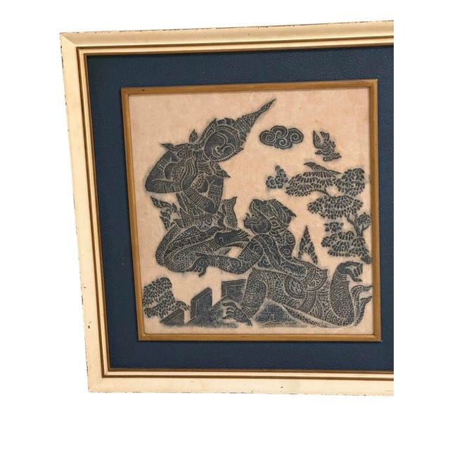 Framed Pair of Thai Blue Temple Rubbings on Rice Paper With Blue Matting | IdleHour