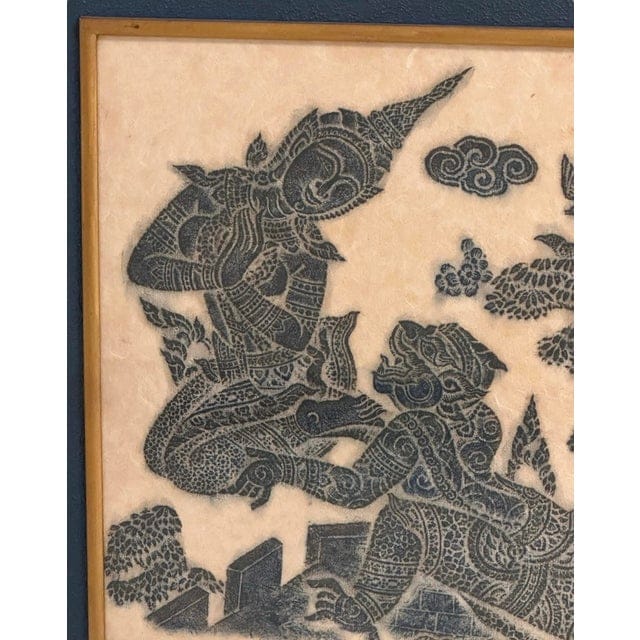 Framed Pair of Thai Blue Temple Rubbings on Rice Paper With Blue Matting | IdleHour