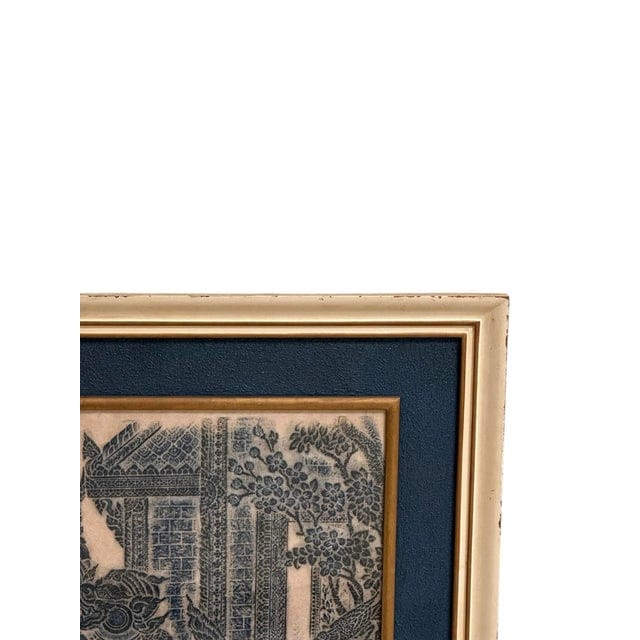 Framed Pair of Thai Blue Temple Rubbings on Rice Paper With Blue Matting | IdleHour