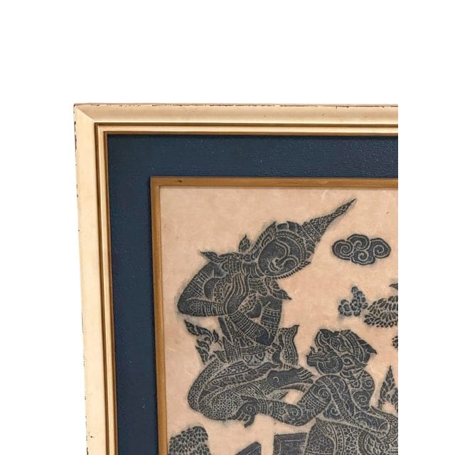 Framed Pair of Thai Blue Temple Rubbings on Rice Paper With Blue Matting | IdleHour