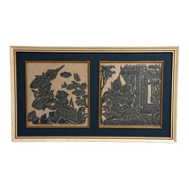 Framed Pair of Thai Blue Temple Rubbings on Rice Paper With Blue Matting | IdleHour