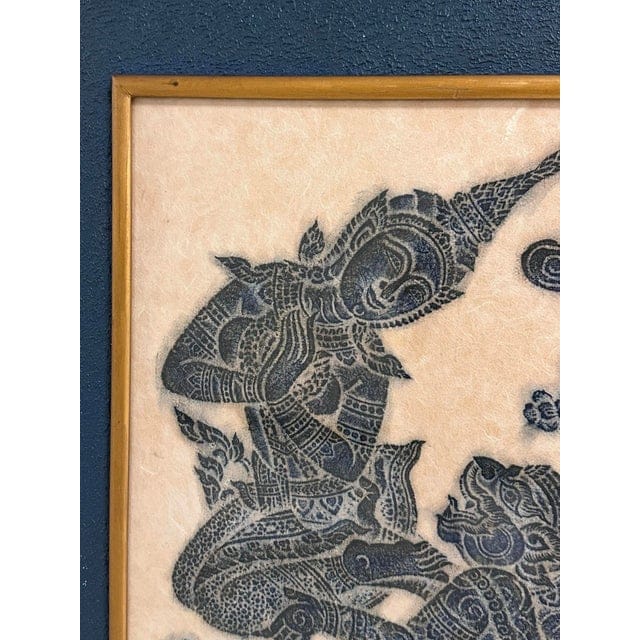 Framed Pair of Thai Blue Temple Rubbings on Rice Paper With Blue Matting | IdleHour