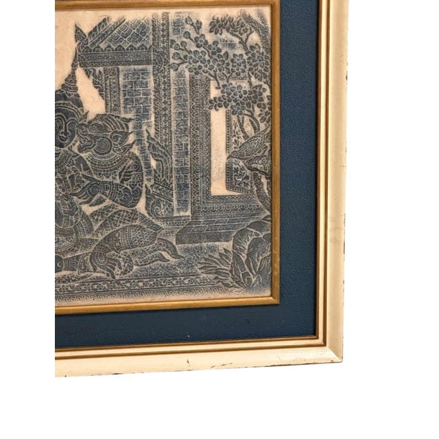 Framed Pair of Thai Blue Temple Rubbings on Rice Paper With Blue Matting | IdleHour
