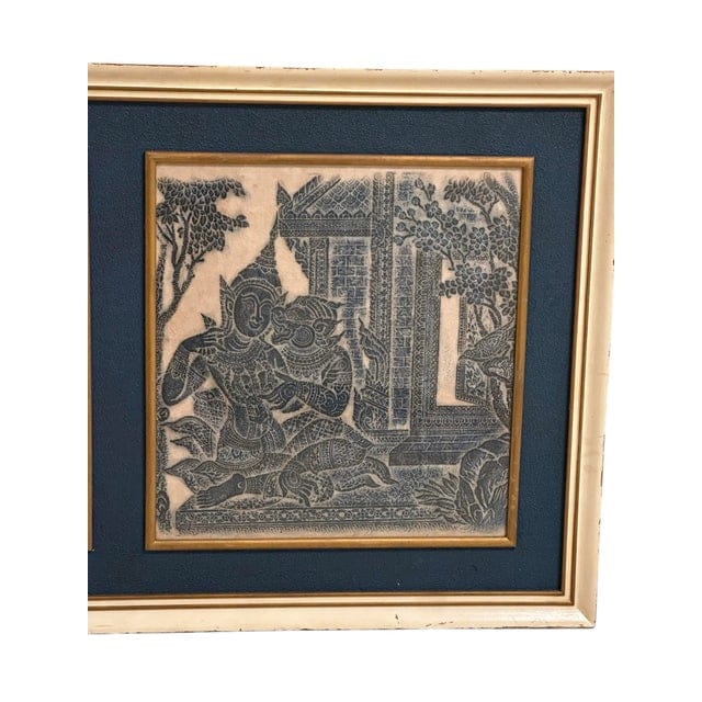 Framed Pair of Thai Blue Temple Rubbings on Rice Paper With Blue Matting | IdleHour