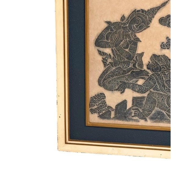 Framed Pair of Thai Blue Temple Rubbings on Rice Paper With Blue Matting | IdleHour