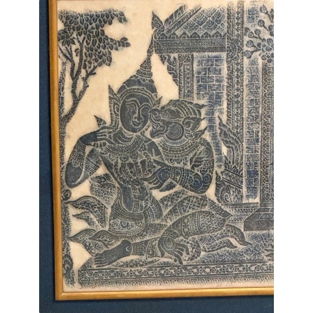 Framed Pair of Thai Blue Temple Rubbings on Rice Paper With Blue Matting | IdleHour