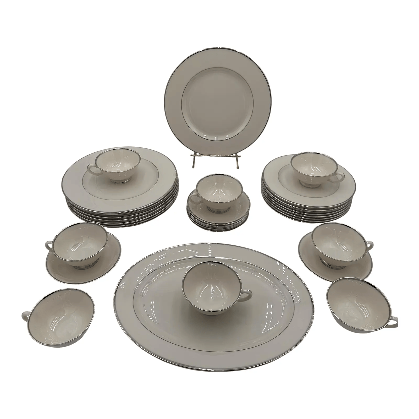 Late 20th Century Lenox Montclair China Set — Ivory With Platinum Rim — Complete Set for 8 — 33 Pieces | IdleHour