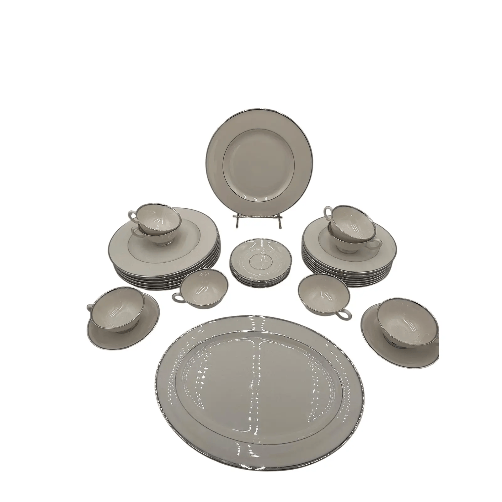 Late 20th Century Lenox Montclair China Set — Ivory With Platinum Rim — Complete Set for 8 — 33 Pieces | IdleHour