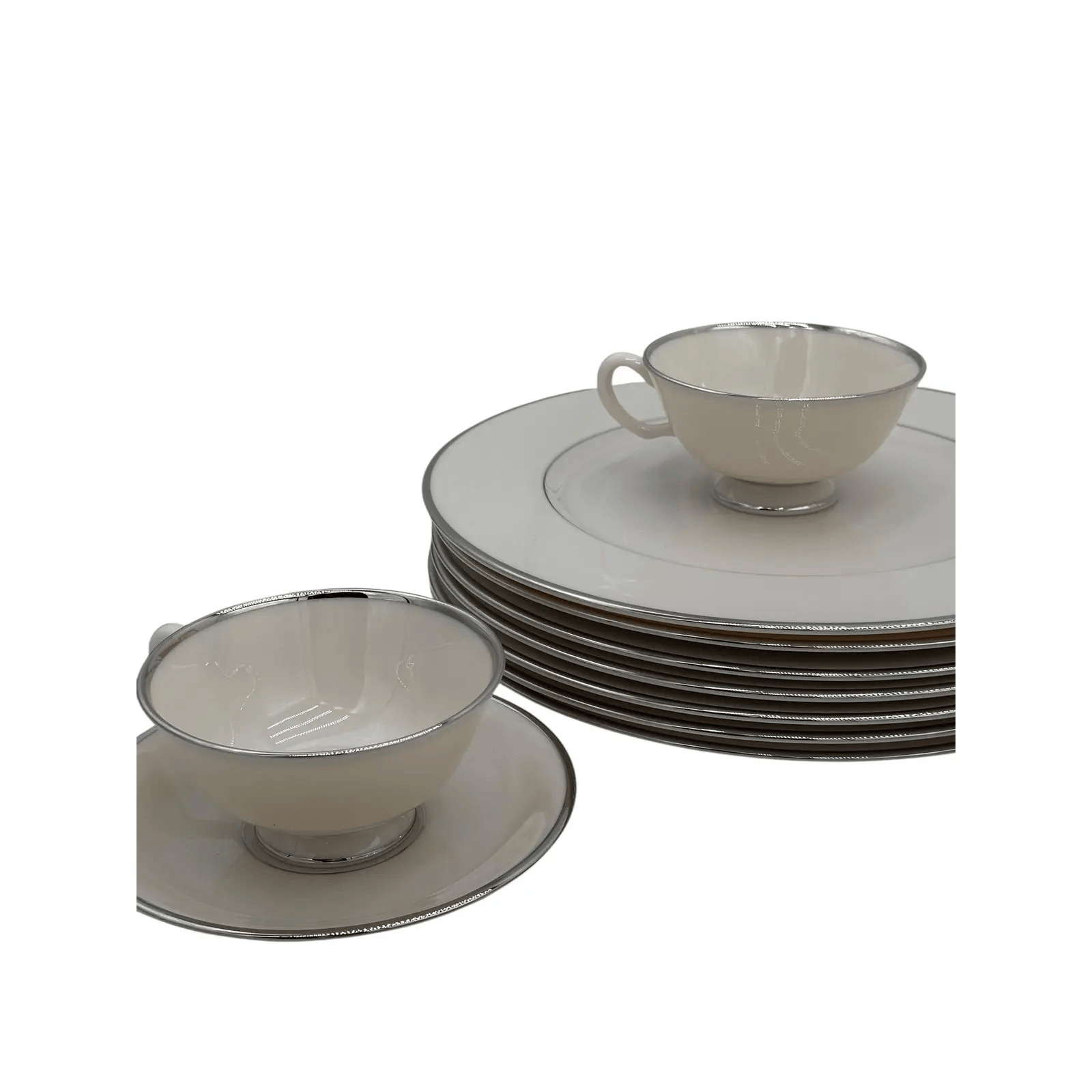 Late 20th Century Lenox Montclair China Set — Ivory With Platinum Rim — Complete Set for 8 — 33 Pieces | IdleHour