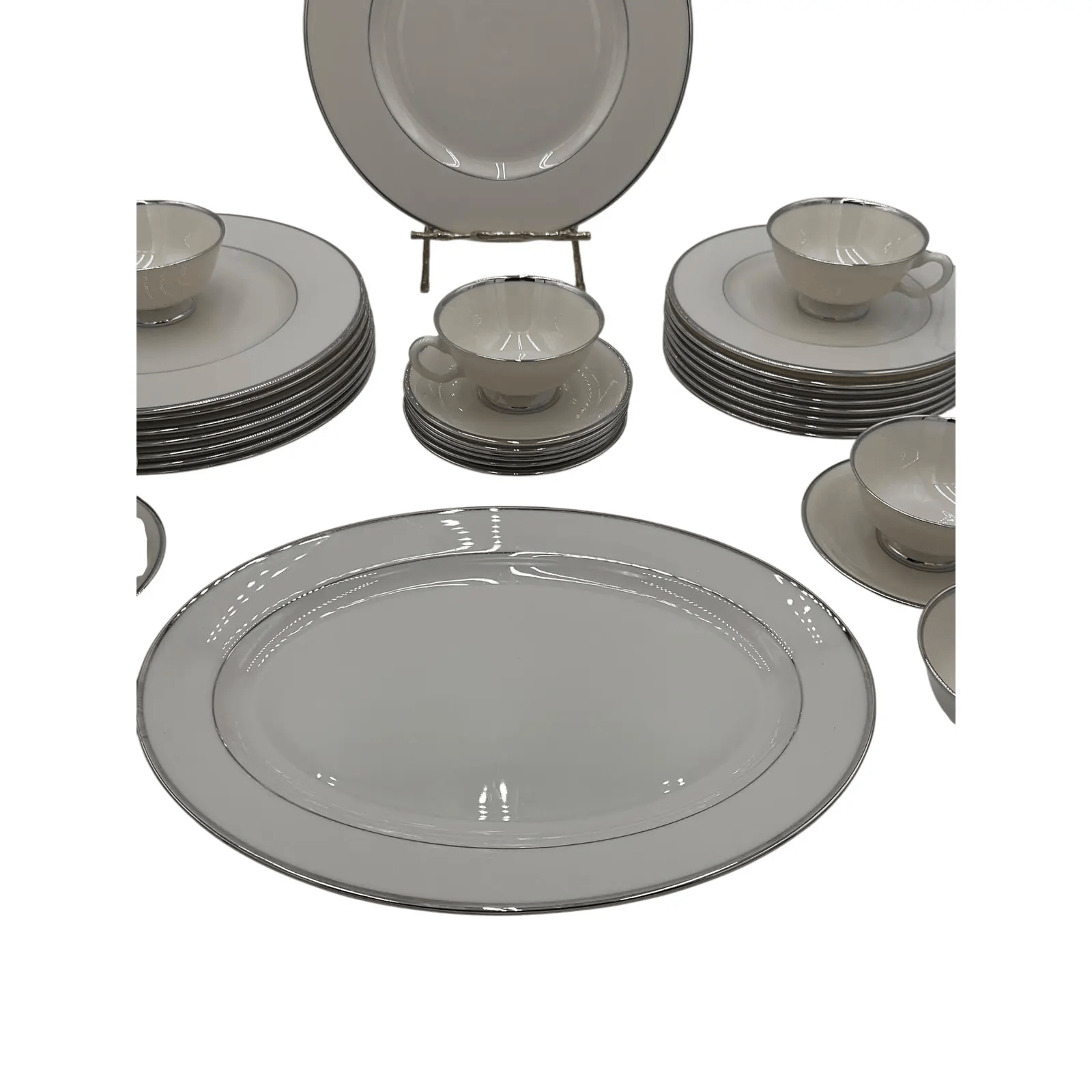 Late 20th Century Lenox Montclair China Set — Ivory With Platinum Rim — Complete Set for 8 — 33 Pieces | IdleHour