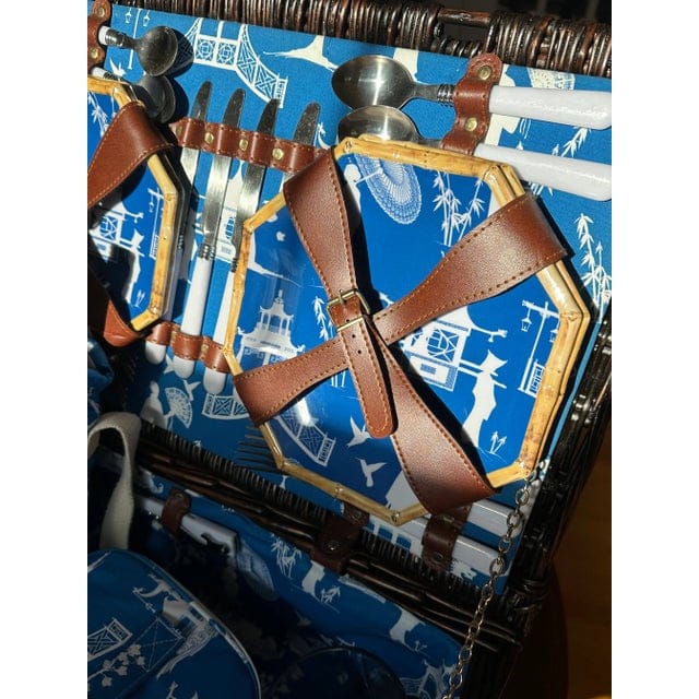 Kim Seybert Cobalt and White Chinoiserie Picnic Basket - 30 Pieces | IdleHour