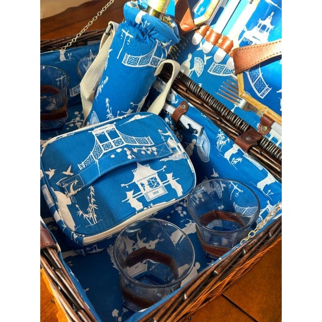 Kim Seybert Cobalt and White Chinoiserie Picnic Basket - 30 Pieces | IdleHour