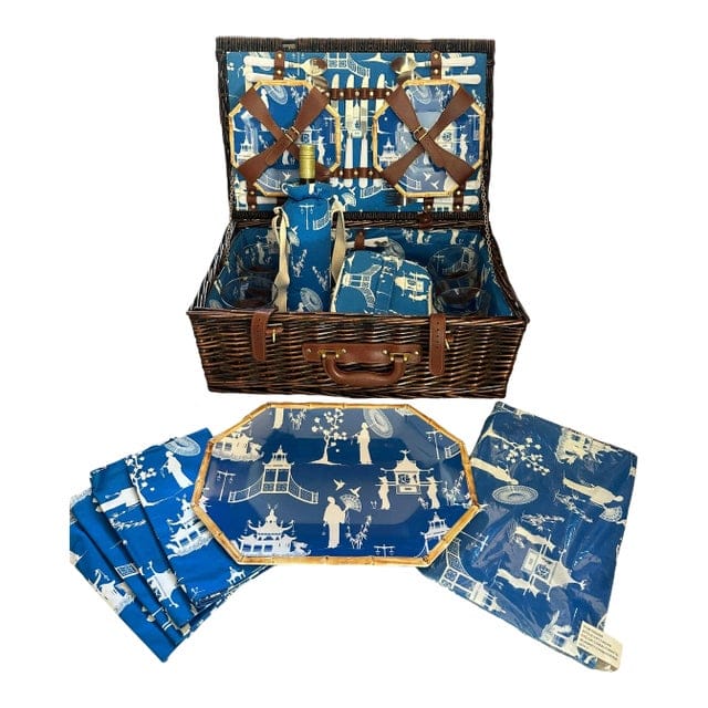 Kim Seybert Cobalt and White Chinoiserie Picnic Basket - 30 Pieces | IdleHour