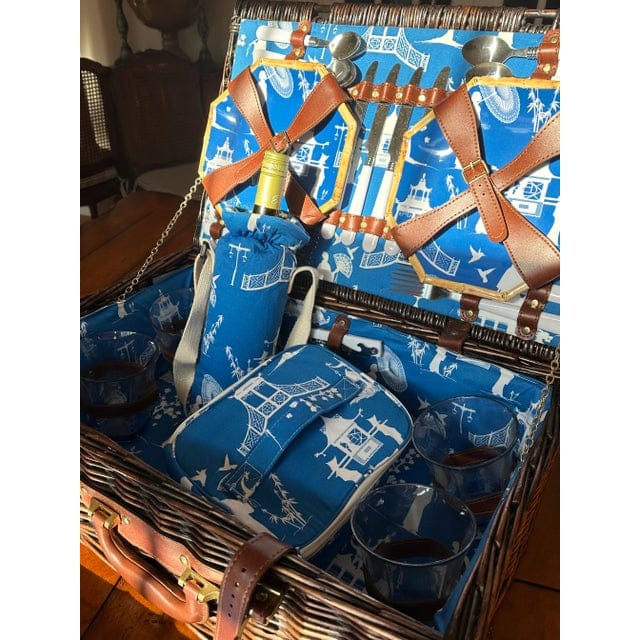 Kim Seybert Cobalt and White Chinoiserie Picnic Basket - 30 Pieces | IdleHour