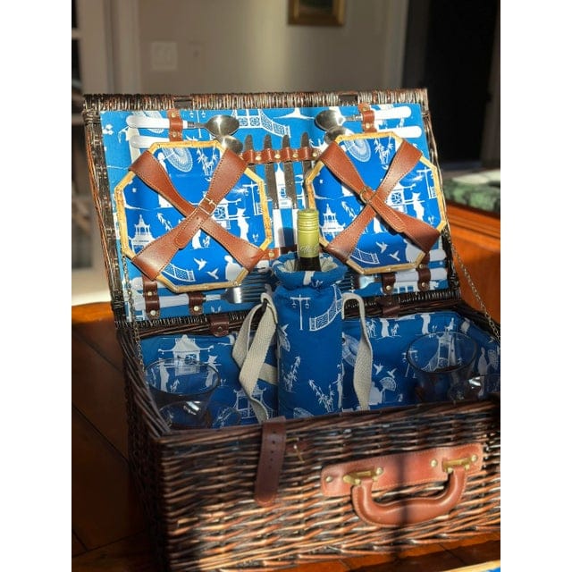 Kim Seybert Cobalt and White Chinoiserie Picnic Basket - 30 Pieces | IdleHour