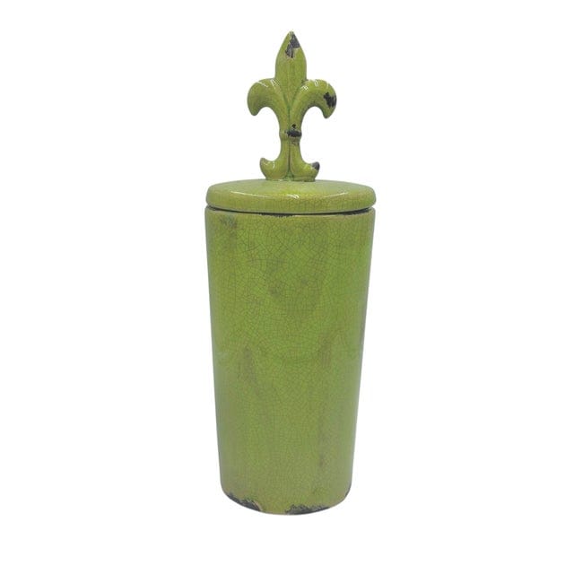 Large Crackle Glaze Chartreuse Fleur-De-Lis Lidded Jar | IdleHour
