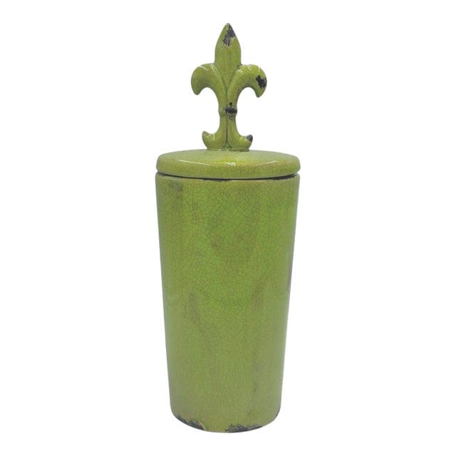 Large Crackle Glaze Chartreuse Fleur-De-Lis Lidded Jar | IdleHour