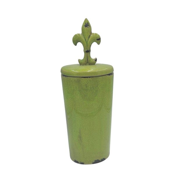 Large Crackle Glaze Chartreuse Fleur-De-Lis Lidded Jar | IdleHour