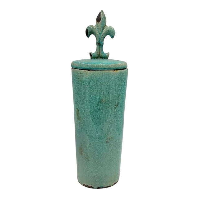 Large Crackle Glaze Turquoise Fleur-De-Lis Lidded Jar | IdleHour