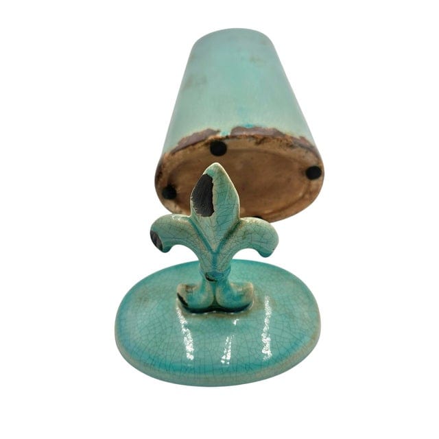 Large Crackle Glaze Turquoise Fleur-De-Lis Lidded Jar | IdleHour