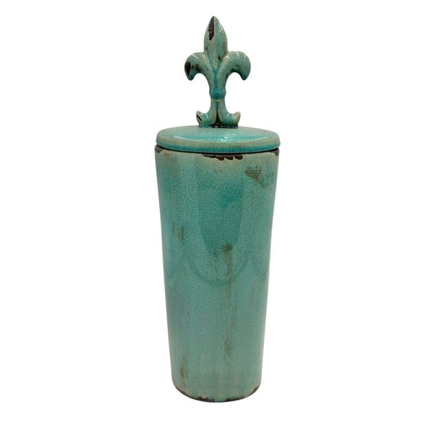 Large Crackle Glaze Turquoise Fleur-De-Lis Lidded Jar | IdleHour