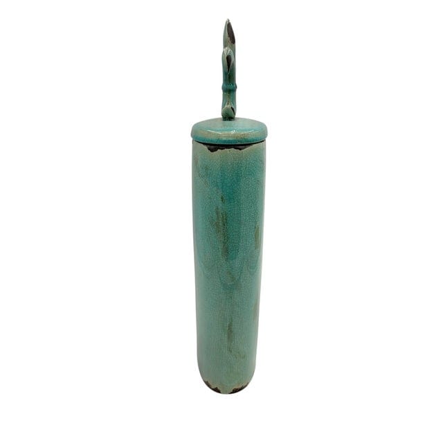 Large Crackle Glaze Turquoise Fleur-De-Lis Lidded Jar | IdleHour