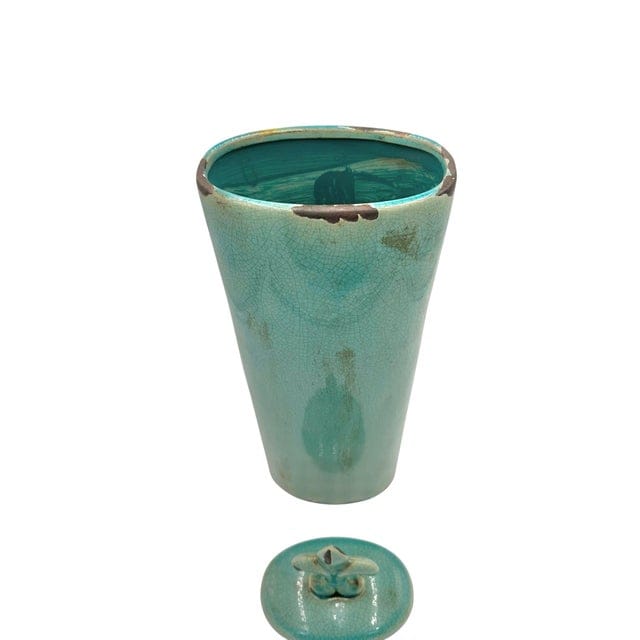 Large Crackle Glaze Turquoise Fleur-De-Lis Lidded Jar | IdleHour