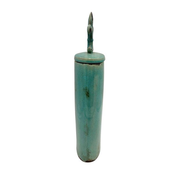 Large Crackle Glaze Turquoise Fleur-De-Lis Lidded Jar | IdleHour