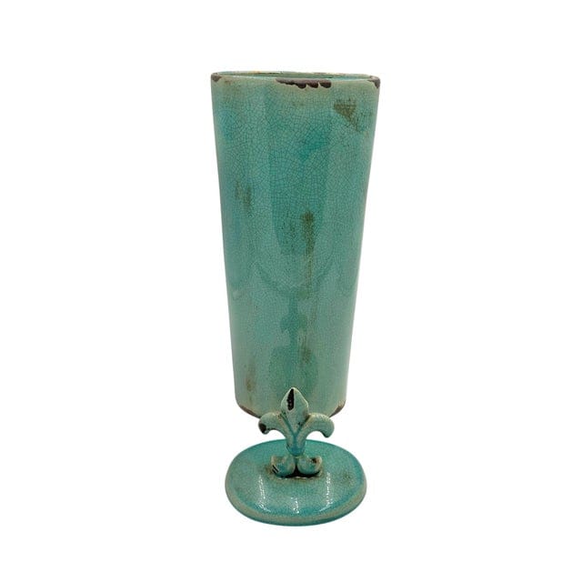 Large Crackle Glaze Turquoise Fleur-De-Lis Lidded Jar | IdleHour