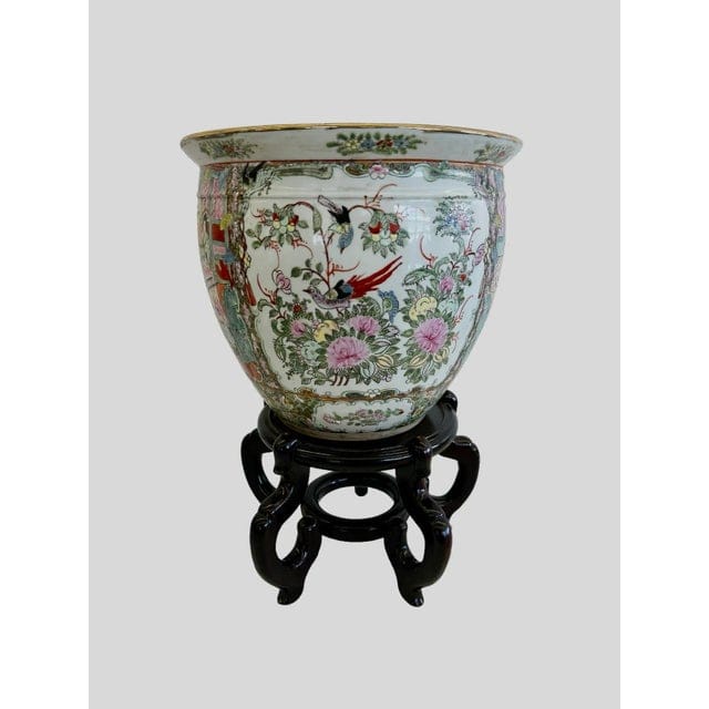 Large Hand-Painted Vintage Chinese Famille Rose Fishbowl Planter With Stand | IdleHour