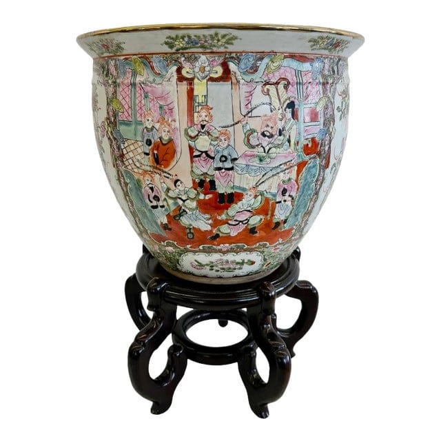 Large Hand-Painted Vintage Chinese Famille Rose Fishbowl Planter With Stand | IdleHour