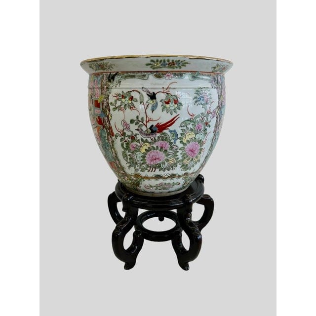 Large Hand-Painted Vintage Chinese Famille Rose Fishbowl Planter With Stand | IdleHour