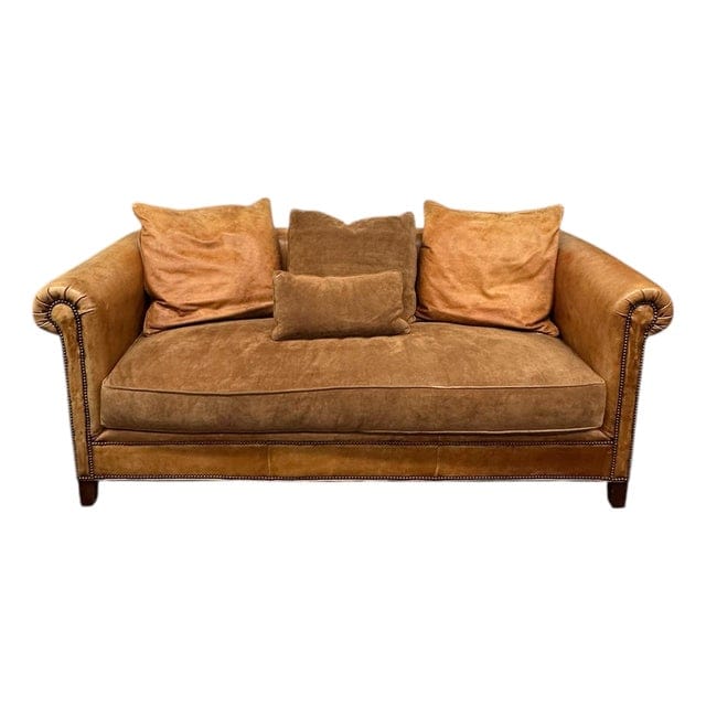 Large Vintage Ralph Lauren Home Distressed Leather & Suede Roll-Arm Sofa | IdleHour