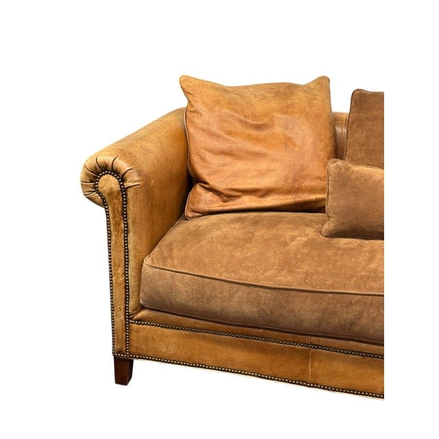 Large Vintage Ralph Lauren Home Distressed Leather & Suede Roll-Arm Sofa | IdleHour
