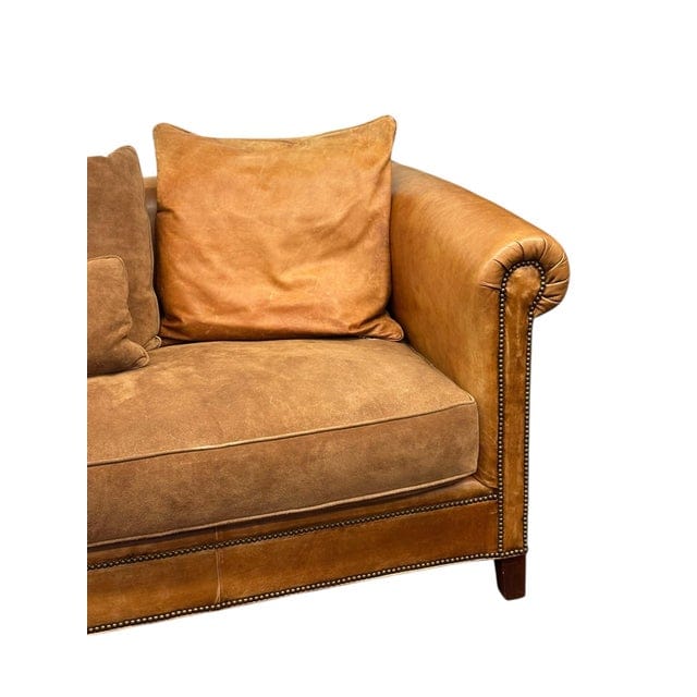 Large Vintage Ralph Lauren Home Distressed Leather & Suede Roll-Arm Sofa | IdleHour