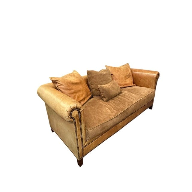 Large Vintage Ralph Lauren Home Distressed Leather & Suede Roll-Arm Sofa | IdleHour