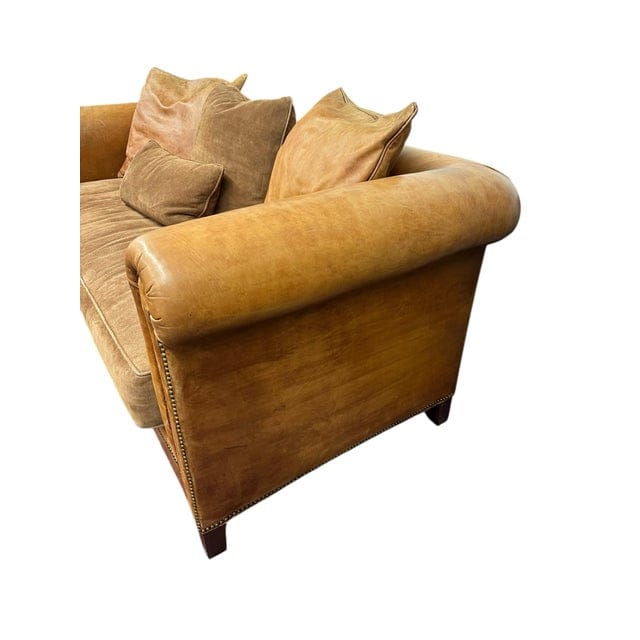 Large Vintage Ralph Lauren Home Distressed Leather & Suede Roll-Arm Sofa | IdleHour