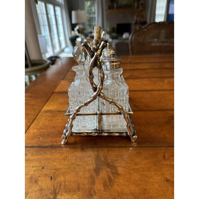 Late 19th Century Victorian English Bamboo Form Sheffield Silver Plate and Crystal Cruet Set- 7 Pieces | IdleHour