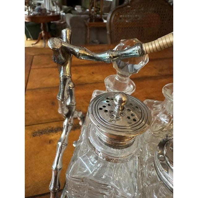 Late 19th Century Victorian English Bamboo Form Sheffield Silver Plate and Crystal Cruet Set- 7 Pieces | IdleHour