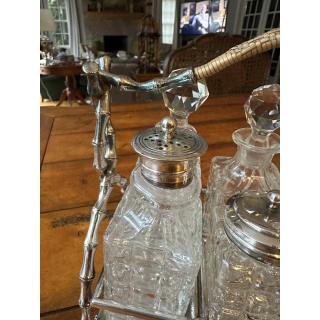 Late 19th Century Victorian English Bamboo Form Sheffield Silver Plate and Crystal Cruet Set- 7 Pieces | IdleHour