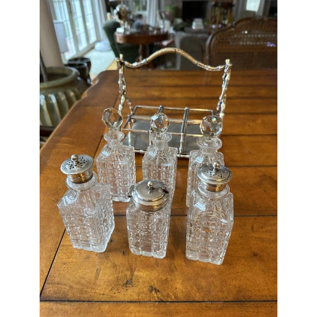 Late 19th Century Victorian English Bamboo Form Sheffield Silver Plate and Crystal Cruet Set- 7 Pieces | IdleHour