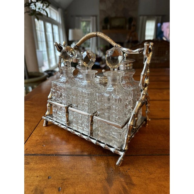 Late 19th Century Victorian English Bamboo Form Sheffield Silver Plate and Crystal Cruet Set- 7 Pieces | IdleHour