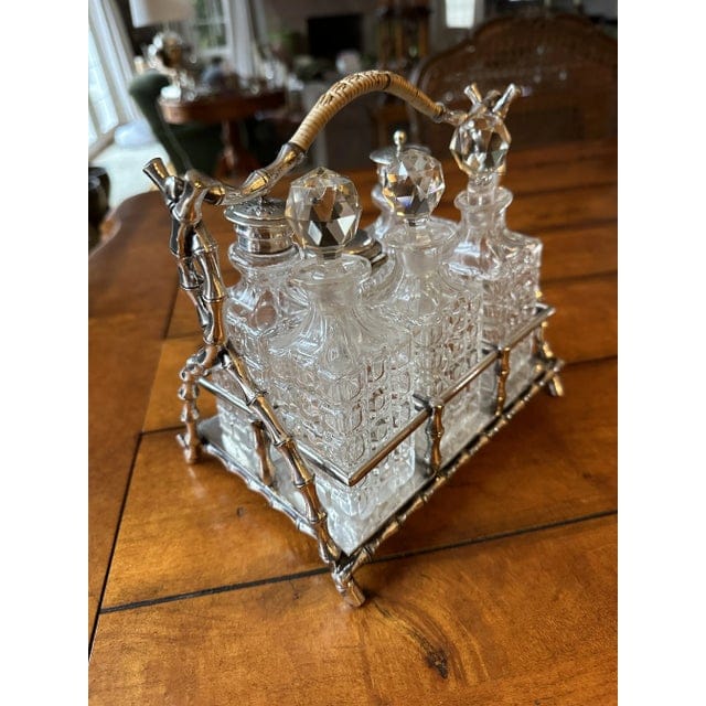 Late 19th Century Victorian English Bamboo Form Sheffield Silver Plate and Crystal Cruet Set- 7 Pieces | IdleHour