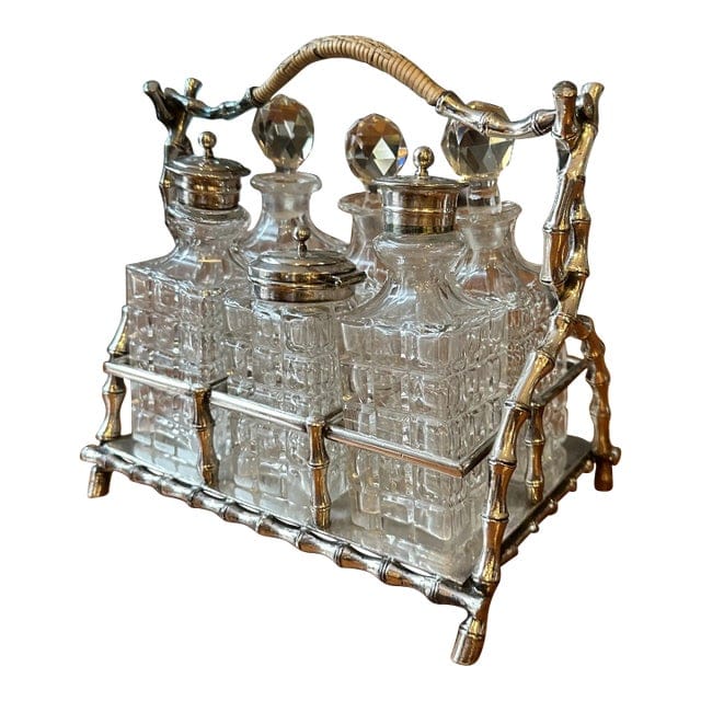 Late 19th Century Victorian English Bamboo Form Sheffield Silver Plate and Crystal Cruet Set- 7 Pieces | IdleHour