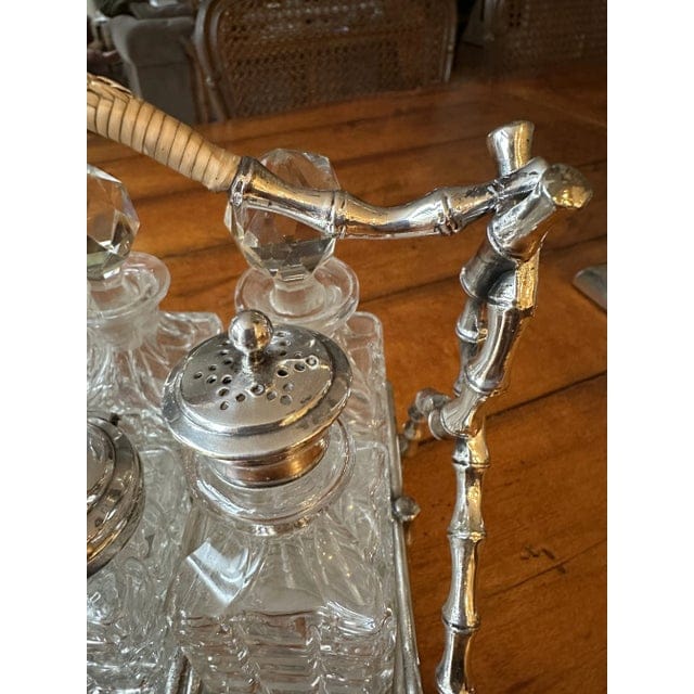 Late 19th Century Victorian English Bamboo Form Sheffield Silver Plate and Crystal Cruet Set- 7 Pieces | IdleHour