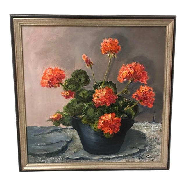 Late 20th Century "Big Reds" by Toni Conway - Red Geranium Still Life Oil Painting | IdleHour