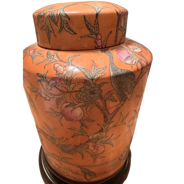 Late 20th Century Hand-Painted Orange Chinoiserie Lamp With Bird and Floral Motif | IdleHour