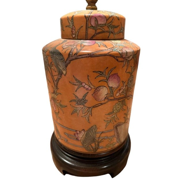 Late 20th Century Hand-Painted Orange Chinoiserie Lamp With Bird and Floral Motif | IdleHour