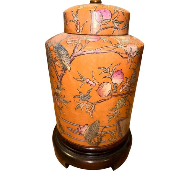 Late 20th Century Hand-Painted Orange Chinoiserie Lamp With Bird and Floral Motif | IdleHour
